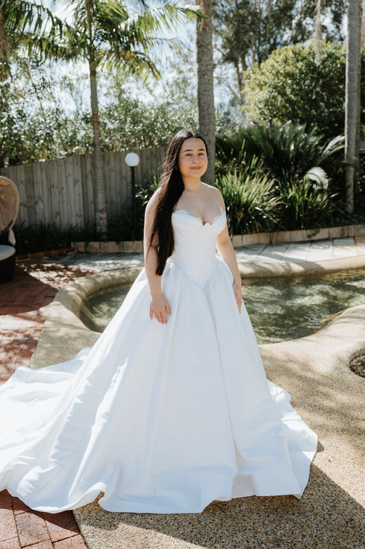 Allegra full-length Mikado wedding ballgown with removable lace neckline