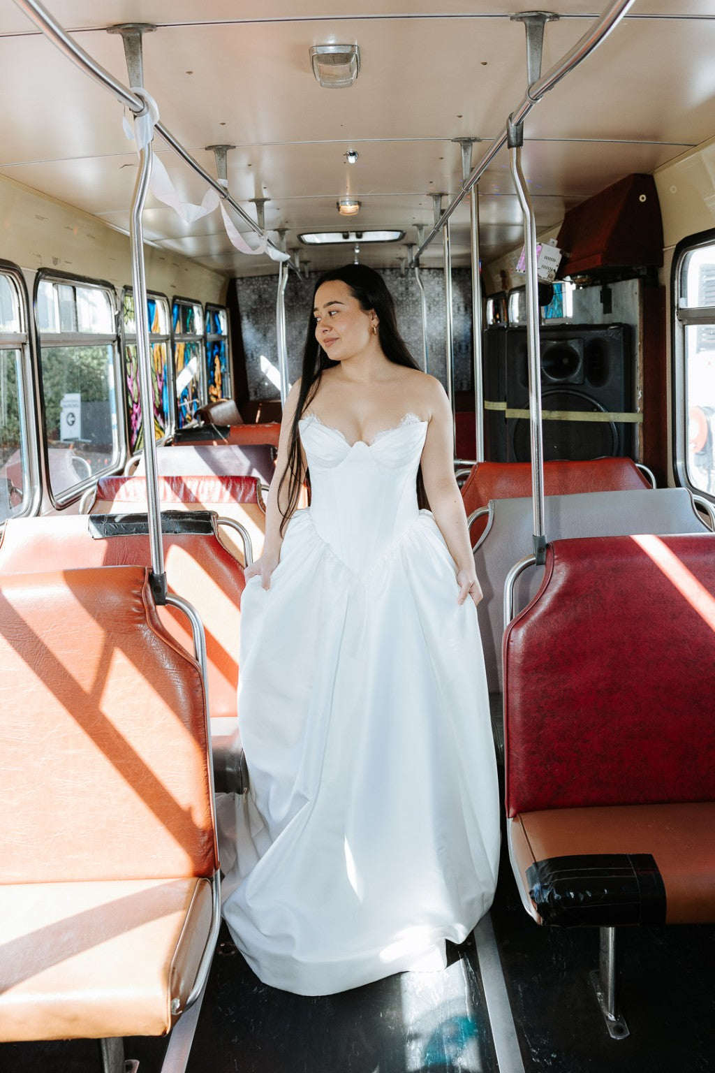 Allegra Mikado bridal ballgown photographed on vintage bus