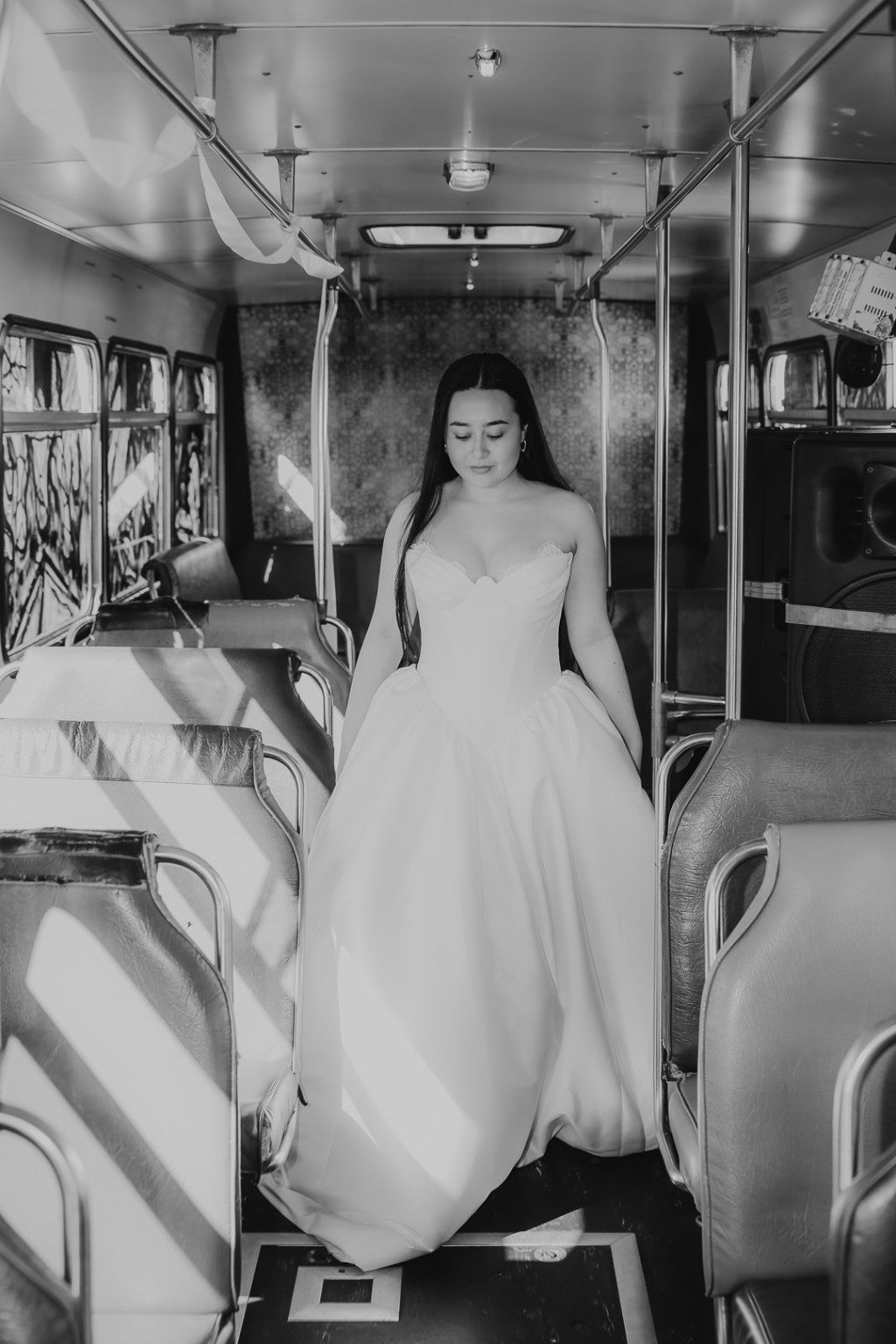 Black and white photo of Allegra strapless Mikado wedding gown