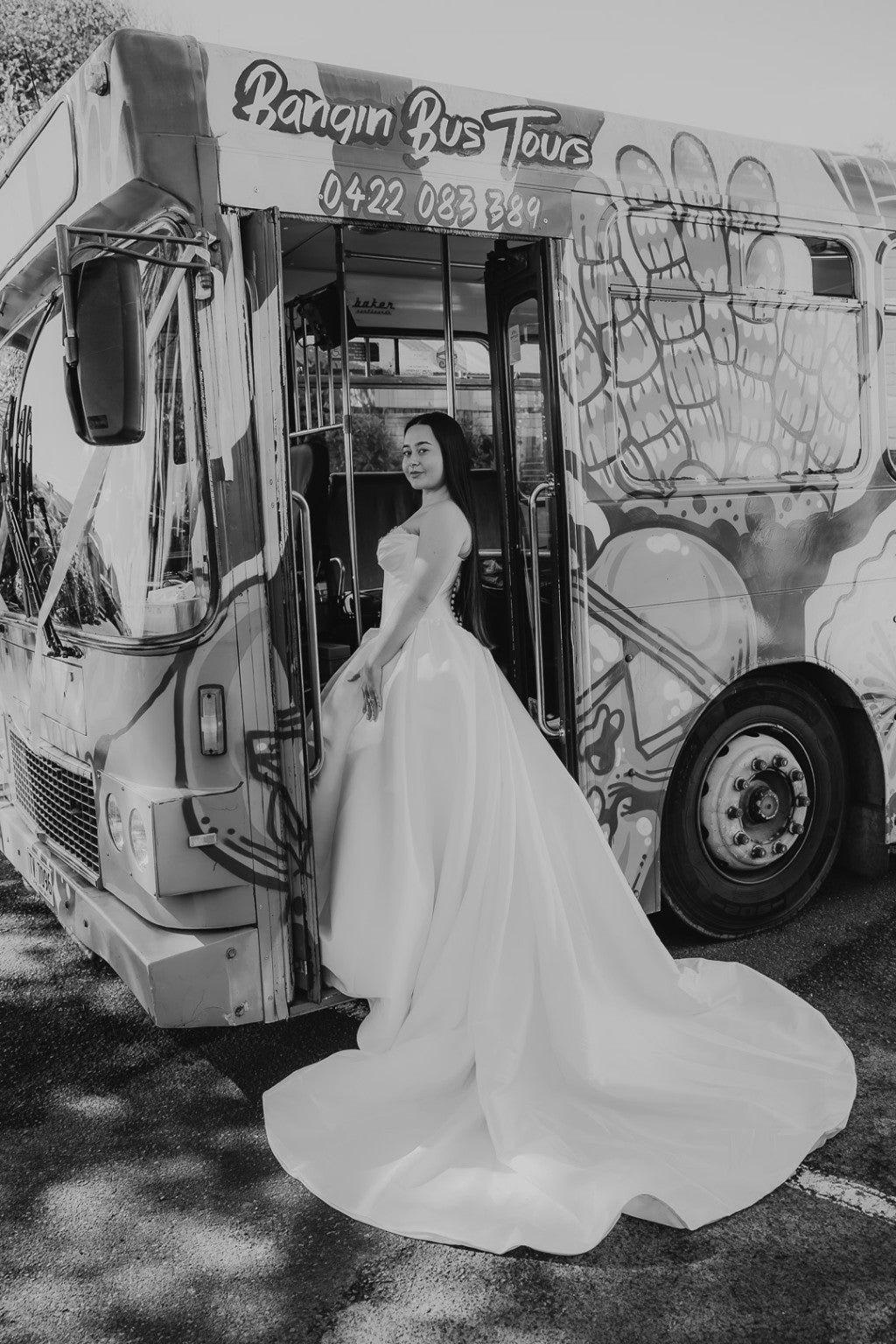 Allegra full Mikado ballgown train in monochrome bridal photo