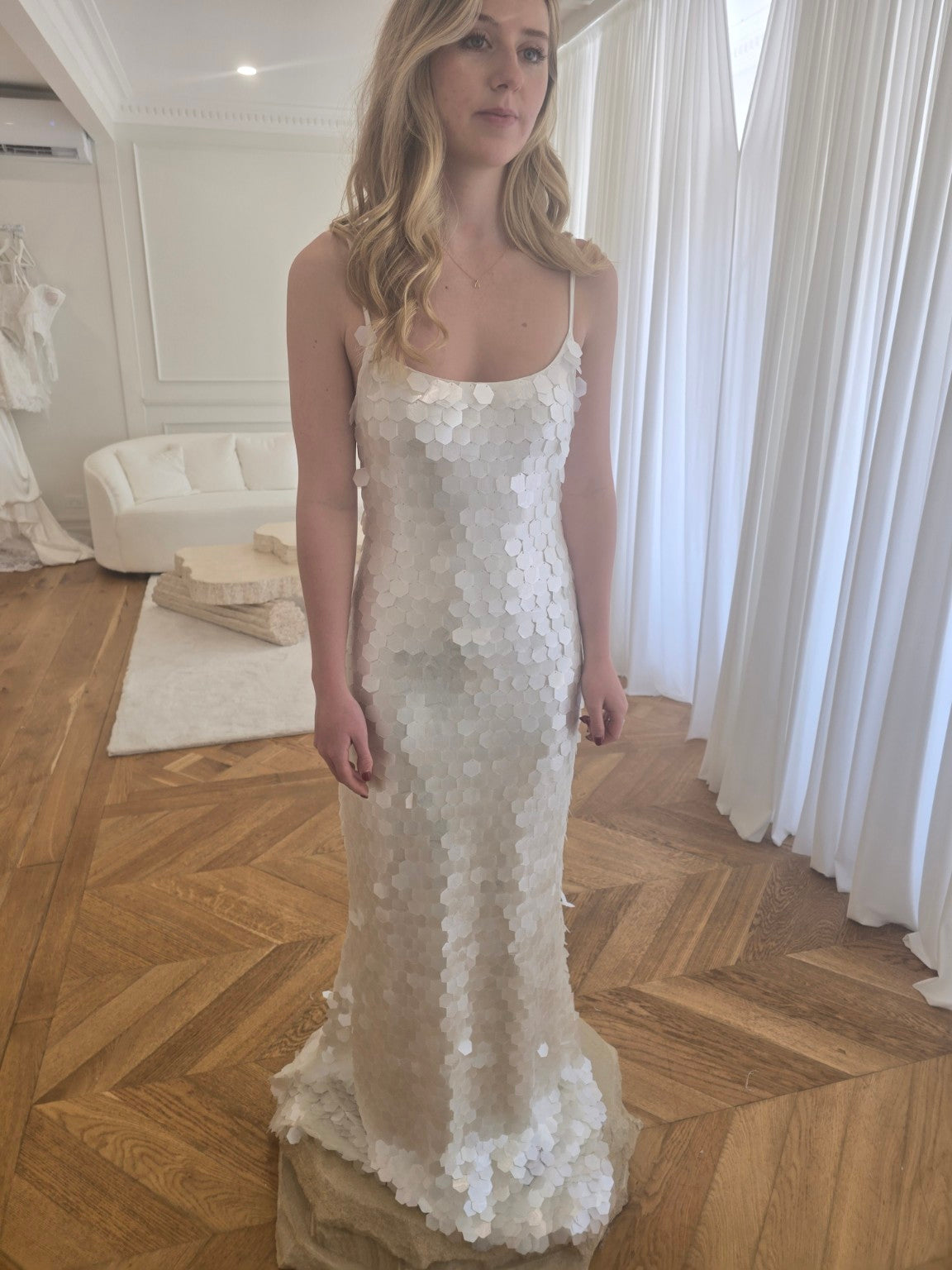 Bird Song ivory stretch bridal dress, textured fitted silhouette, view 1 | Sarah Joseph Couture
