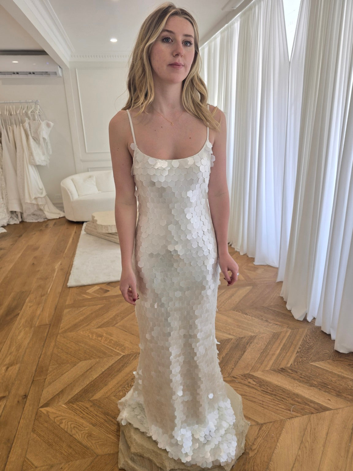 Bird Song ivory stretch bridal dress, textured fitted silhouette, view 2 | Sarah Joseph Couture
