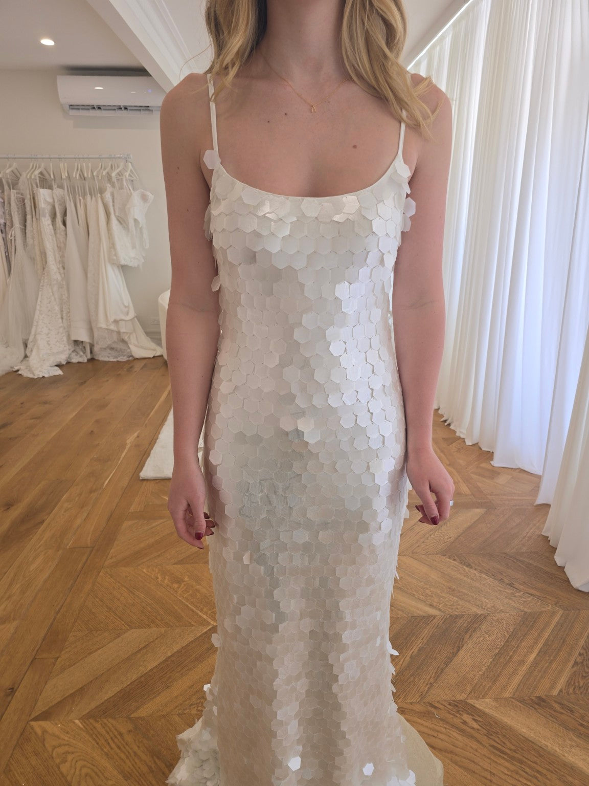 Bird Song ivory stretch bridal dress, textured fitted silhouette, view 3 | Sarah Joseph Couture