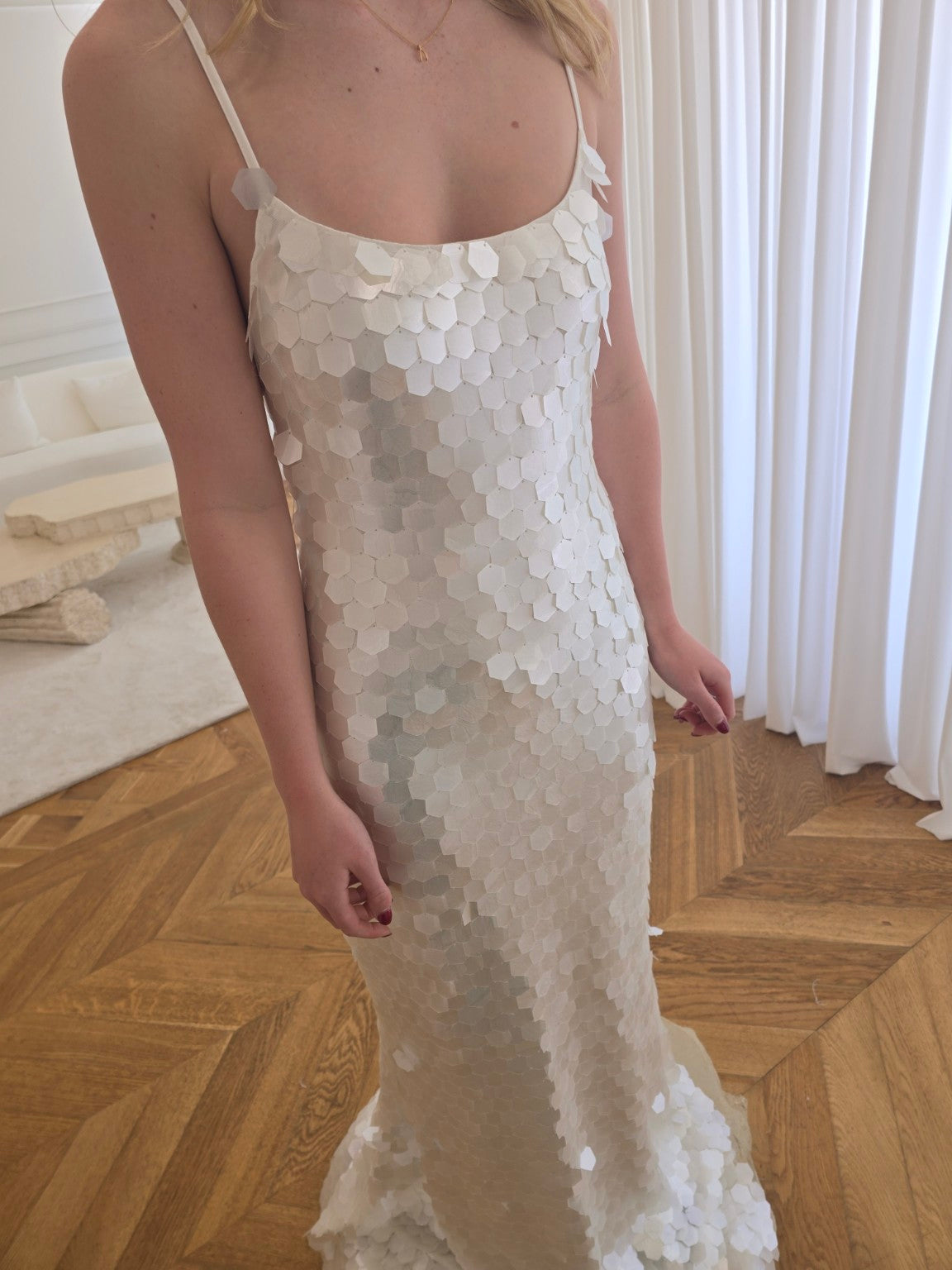 Bird Song ivory stretch bridal dress, textured fitted silhouette, view 4 | Sarah Joseph Couture