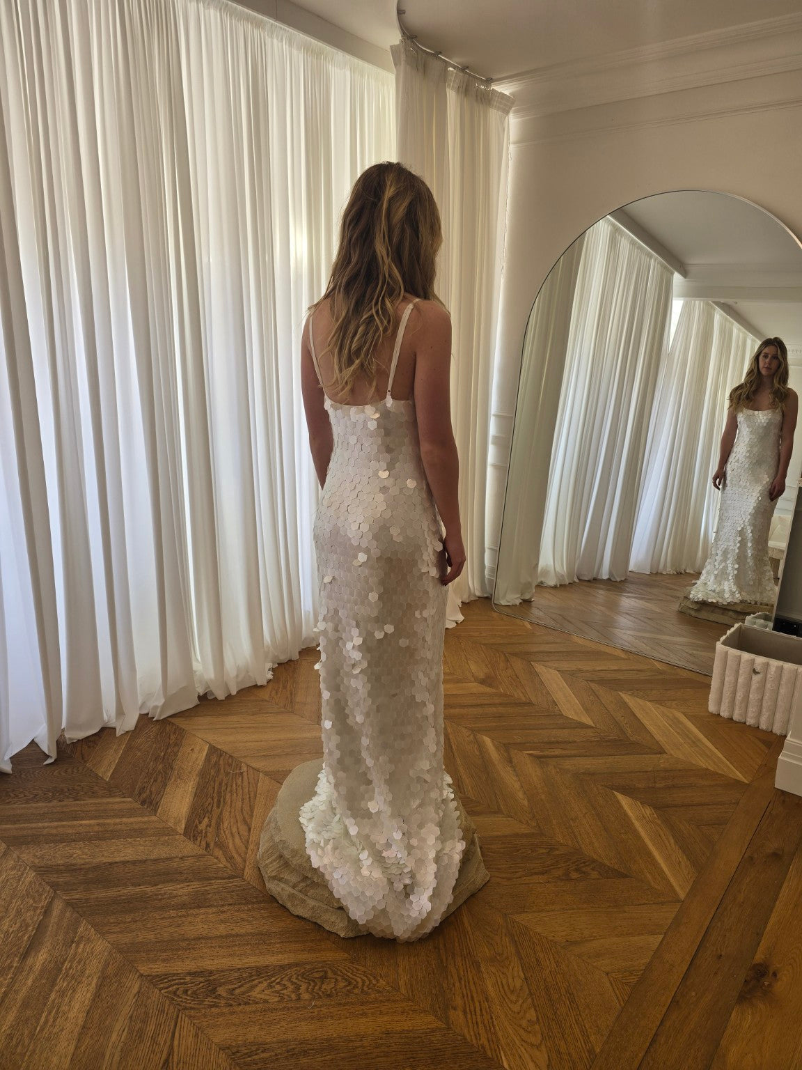 Bird Song ivory stretch bridal dress, textured fitted silhouette, view 5 | Sarah Joseph Couture