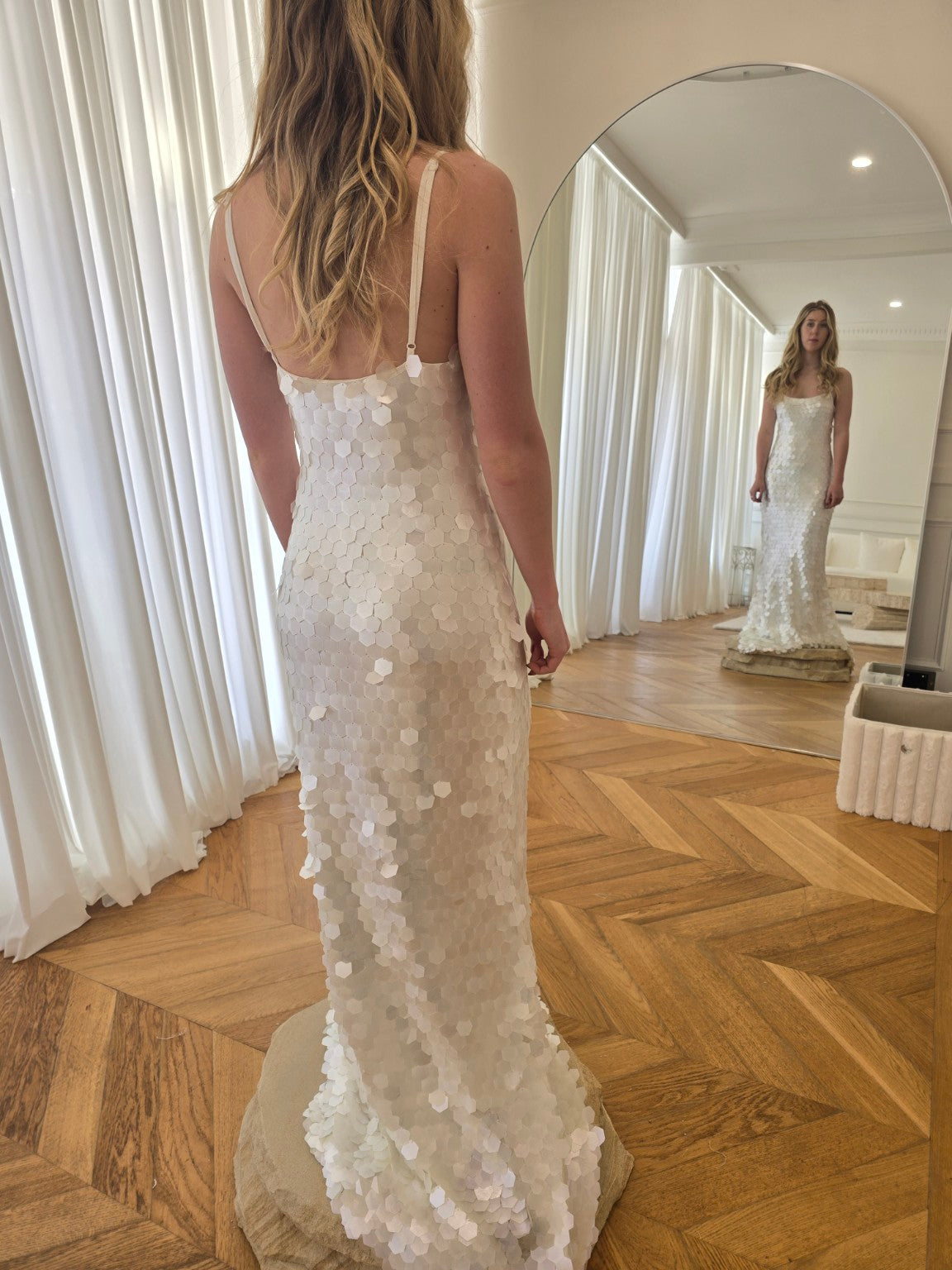 Bird Song ivory stretch bridal dress, textured fitted silhouette, view 6 | Sarah Joseph Couture