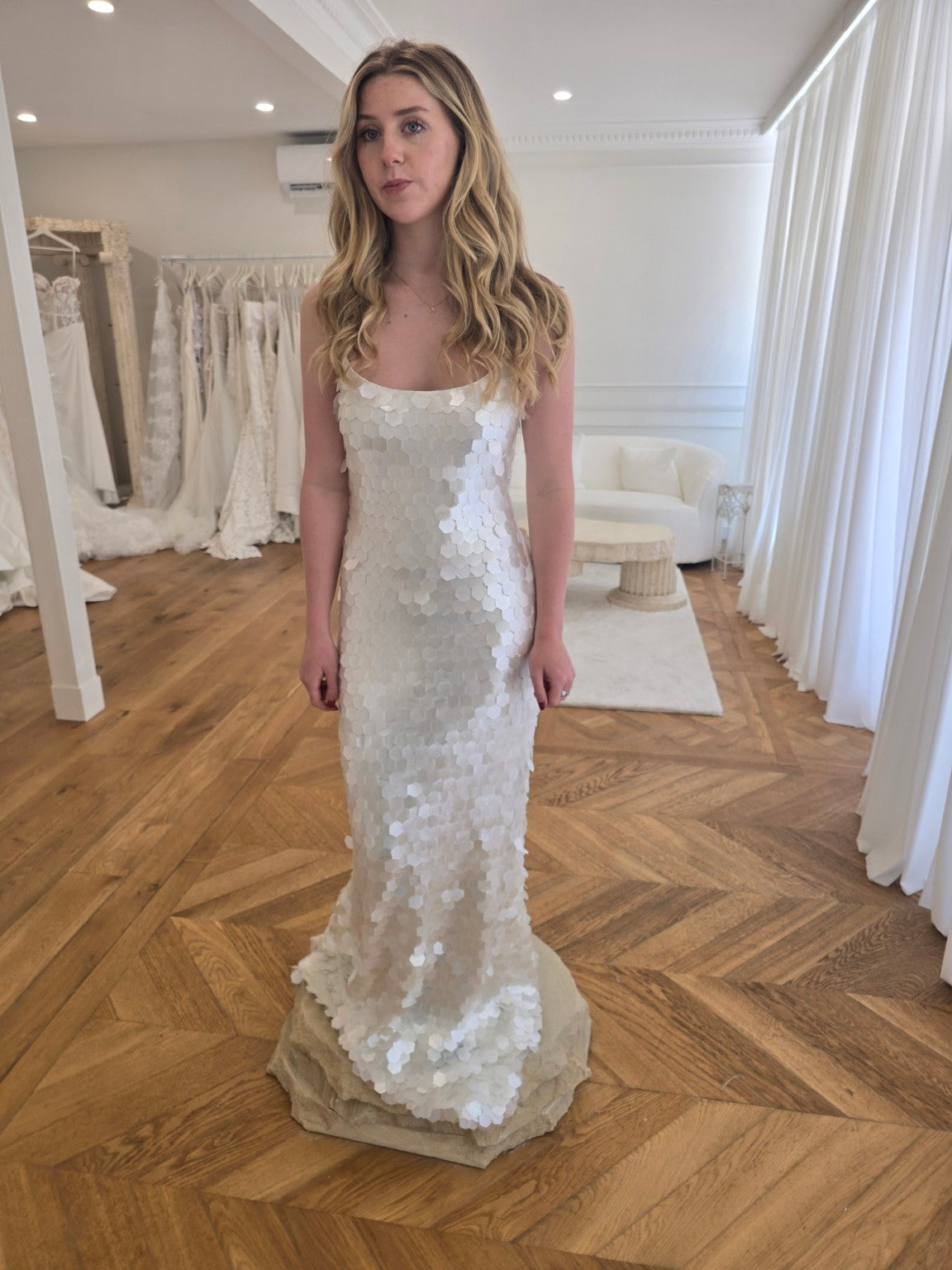 Bird Song ivory stretch bridal dress, textured fitted silhouette, view 7 | Sarah Joseph Couture