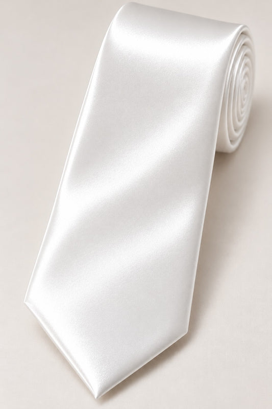 Ivory satin men's tie with smooth glossy finish, rolled product photograph