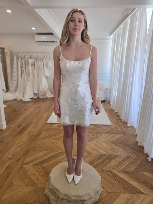 Little Bird ivory mini wedding dress with dimensional geometric appliqué – Sarah Joseph Couture, view 1