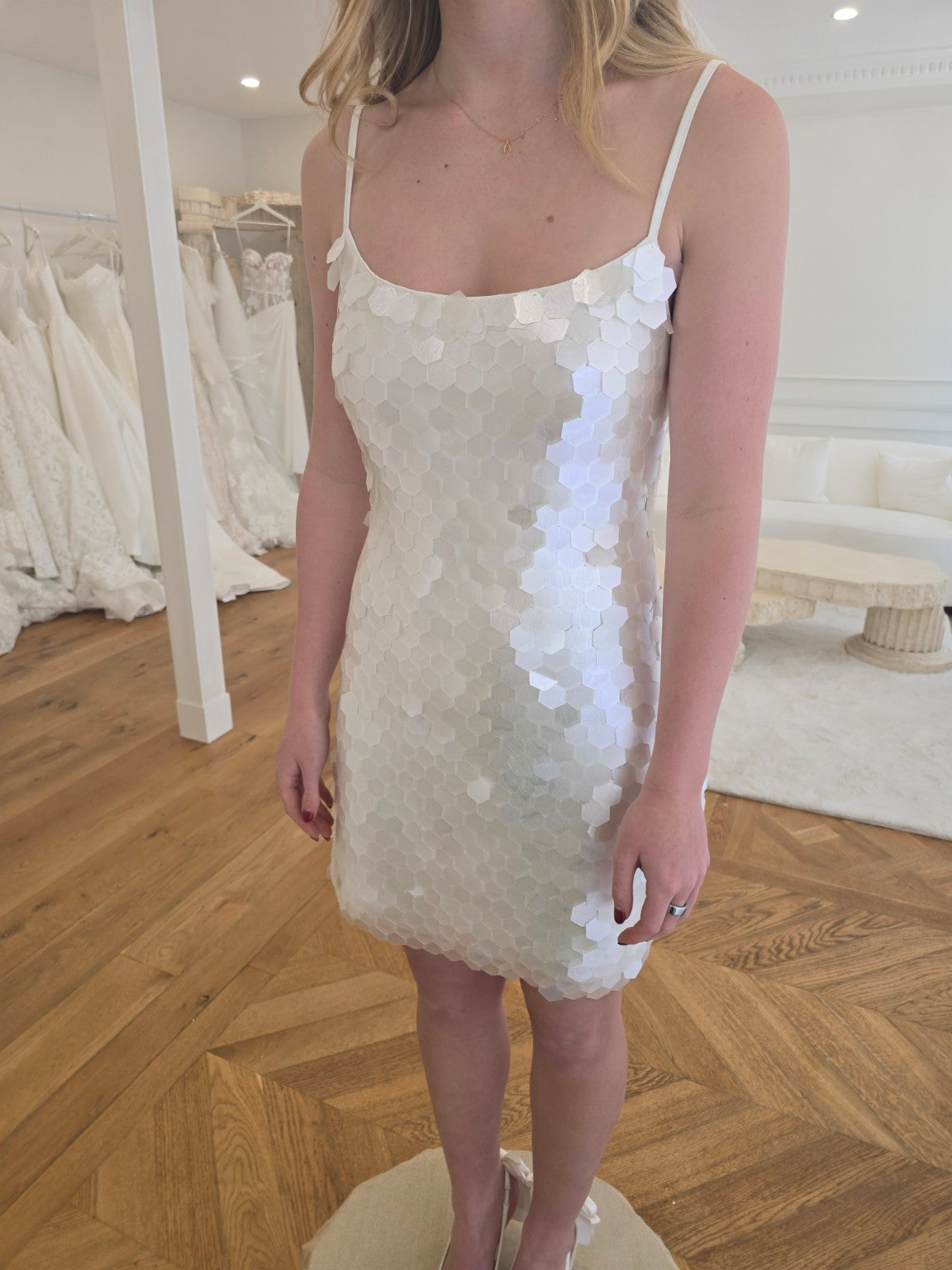 Little Bird ivory mini wedding dress with dimensional geometric appliqué – Sarah Joseph Couture, view 3