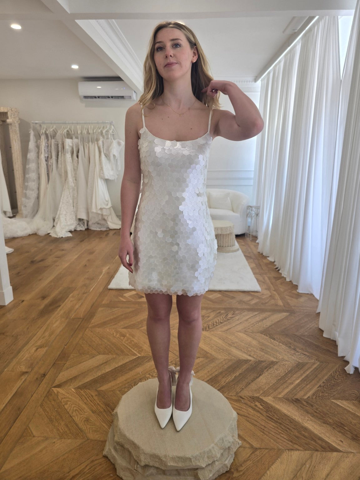 Little Bird ivory mini wedding dress with dimensional geometric appliqué – Sarah Joseph Couture, view 4