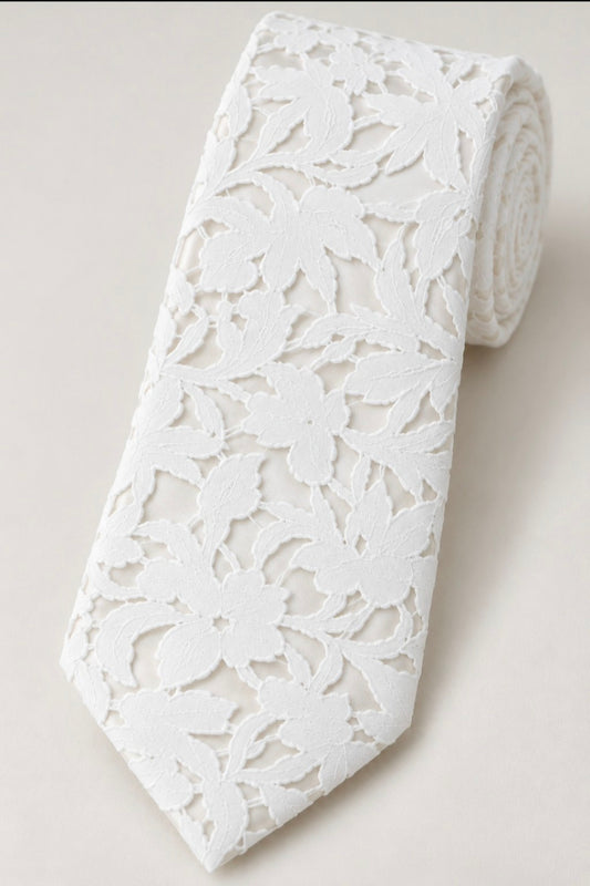 Lorenzo ivory floral lace groom's tie over ivory satin, rolled product photograph