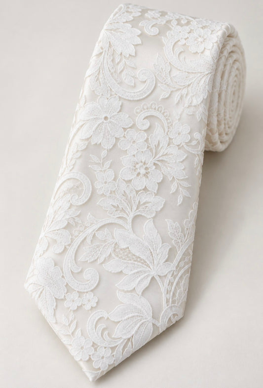 Matteo ivory embroidered floral lace groom's tie over ivory satin, rolled product photo